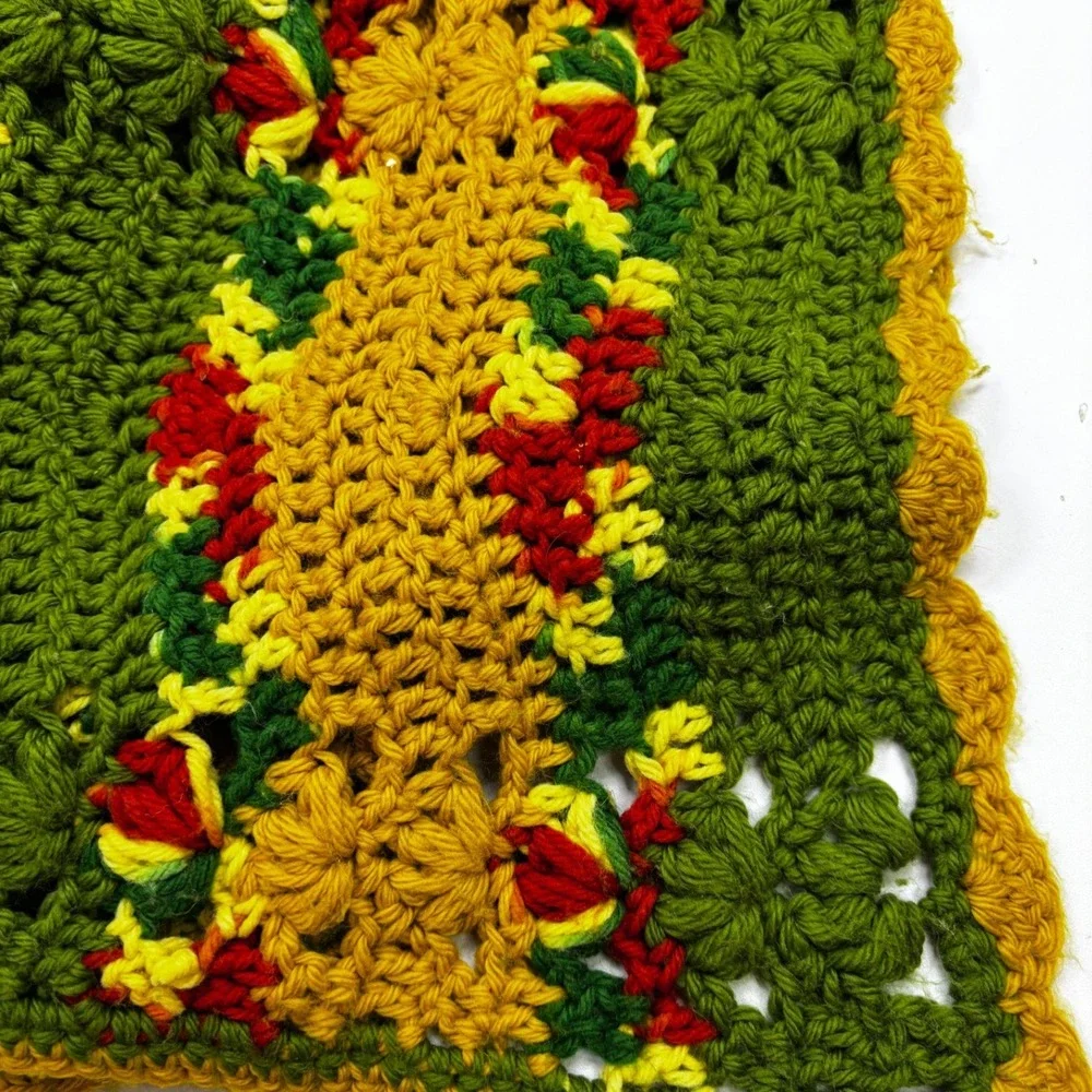 Vintage Handmade Crochet Afghan Throw Blanket Green Yellow Red Chevron 67x57